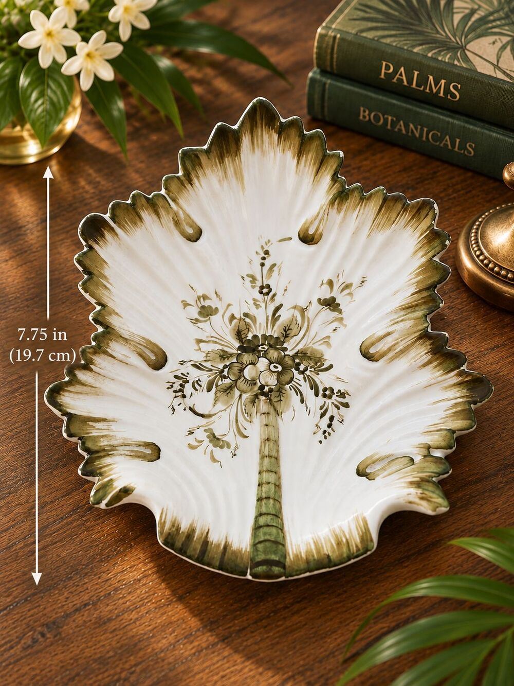 Vintage Hand Painted Ceramic Leaf Dish Olive Green Floral Botanical 7.75"